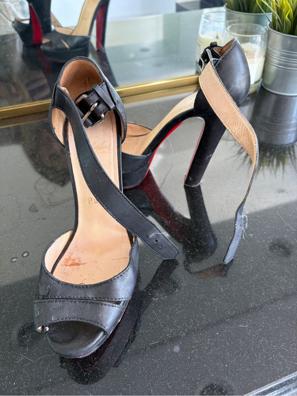 Christian Louboutin Black Open-Toe Ankle-Strap Heels with Red Sole
